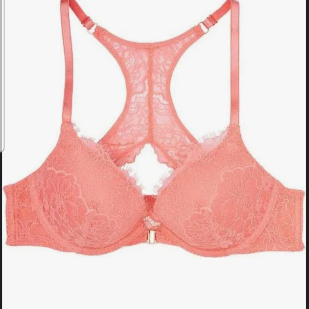 Victoria's Secret Coral Lace Front Closure Push Up Bra - 34D